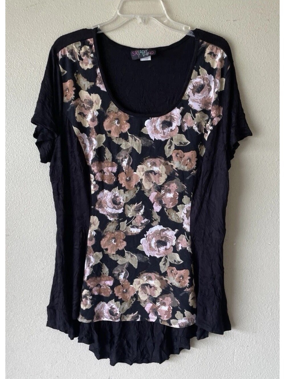 Plus Size Blouse 2x Say Anything Black Short Sleeve Floral Asymmetric High Low